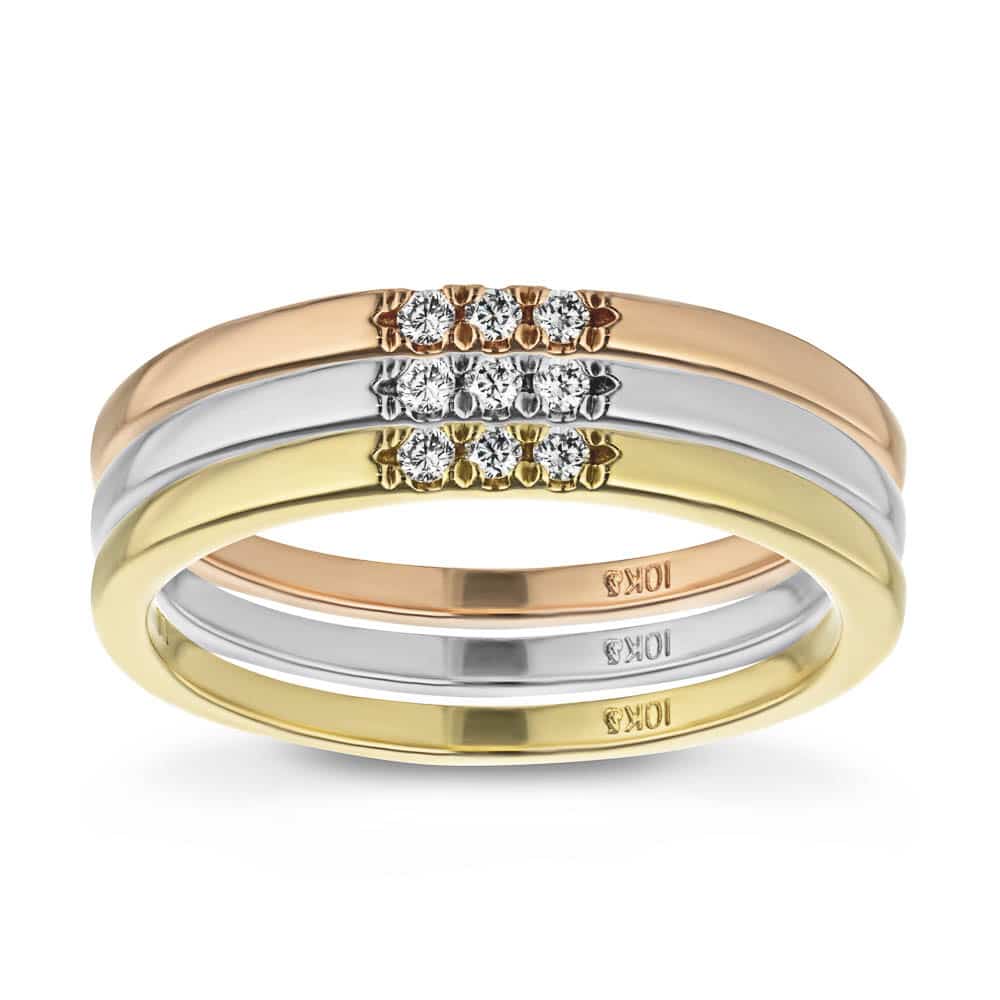 Three Lab-Grown Diamonds set in a simple band in recycled 10K rose gold, 10K white gold and 10K yellow gold, can be purchased as a set for a discounted price