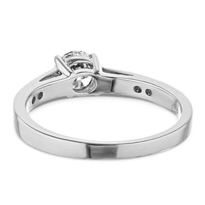 Diamond accented engagement ring with 0.5ct round cut lab grown diamond in 14k white gold band shown from back