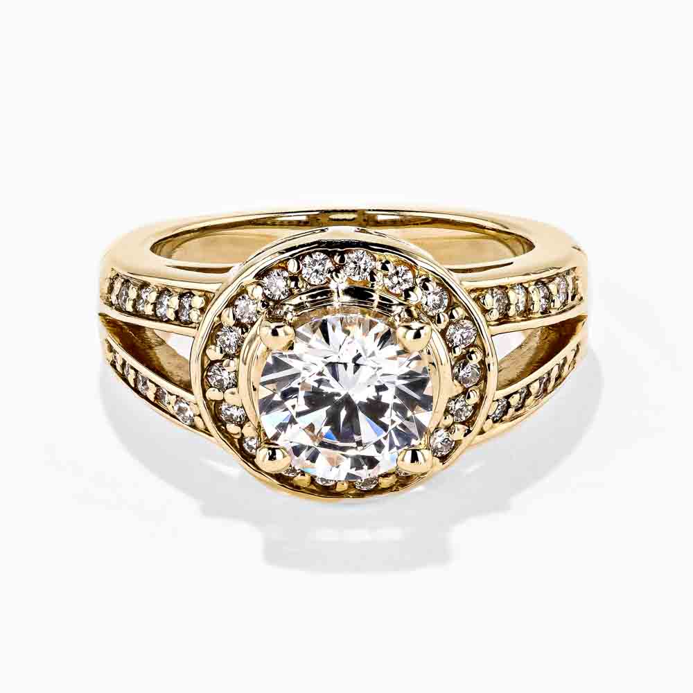 Tinkerbell Engagement Ring shown with a Round Cut 1.5ct Diamond Hybrid center stone in 14K yellow gold | diamond hybrid engagement ring right-hand ring