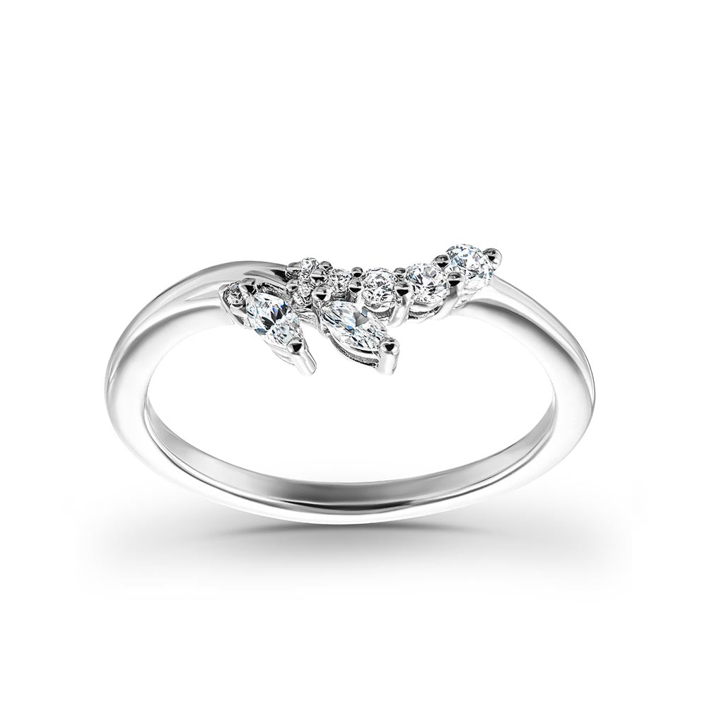 Shown in 14k White Gold|Unique diamond accented nature inspired wedding band with asymmetrical design with accenting diamonds 