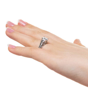 Antique style engagement ring with 1ct cushion cut lab grown diamond in detailed 14k white gold worn on hand sideview