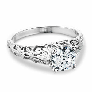 Vintage style nature inspired engagement ring with 1ct cushion cut lab grown diamond in detailed 14k white gold setting