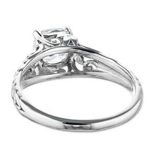Antique style engagement ring with 1ct cushion cut lab grown diamond in detailed 14k white gold shown from back