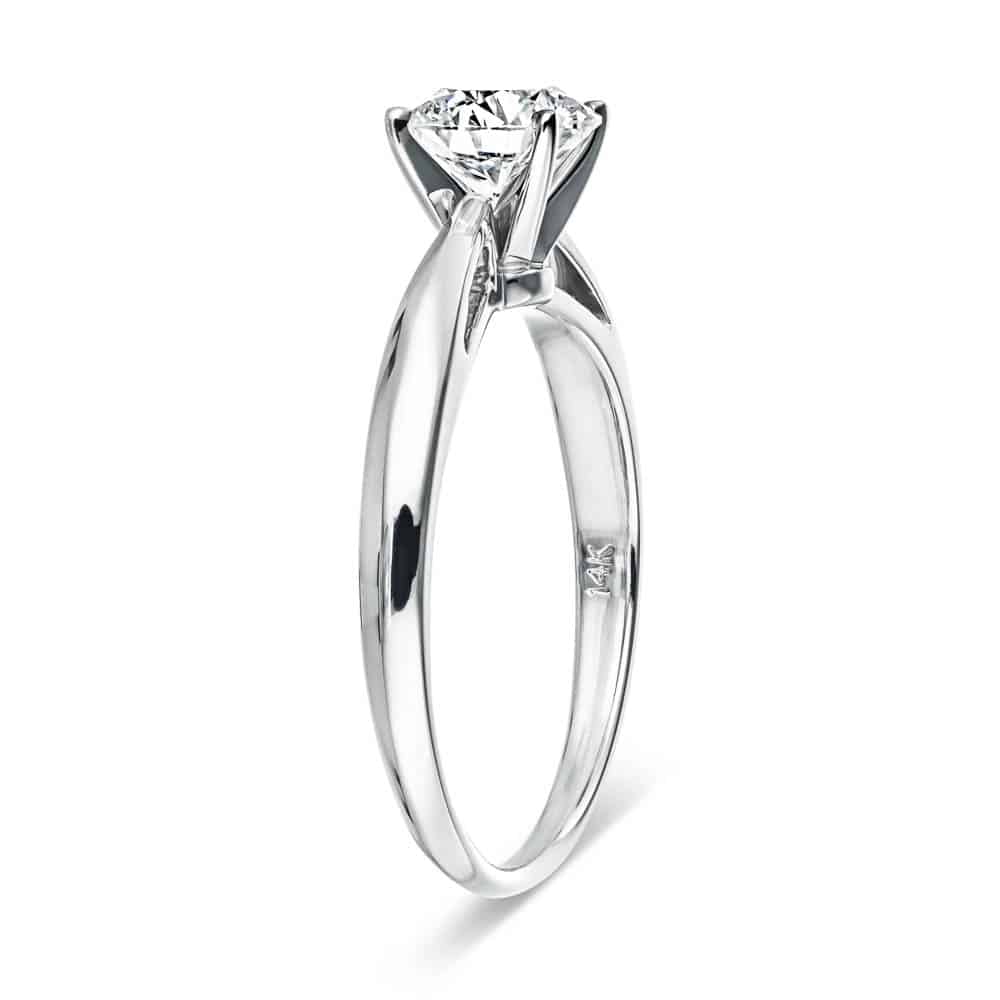 Shown with a 1ct Round Cut Lab Grown Diamond in 14k White Gold|Simple classic solitaire engagement ring with 1ct round cut lab grown diamond in cathedral style 14k white gold setting