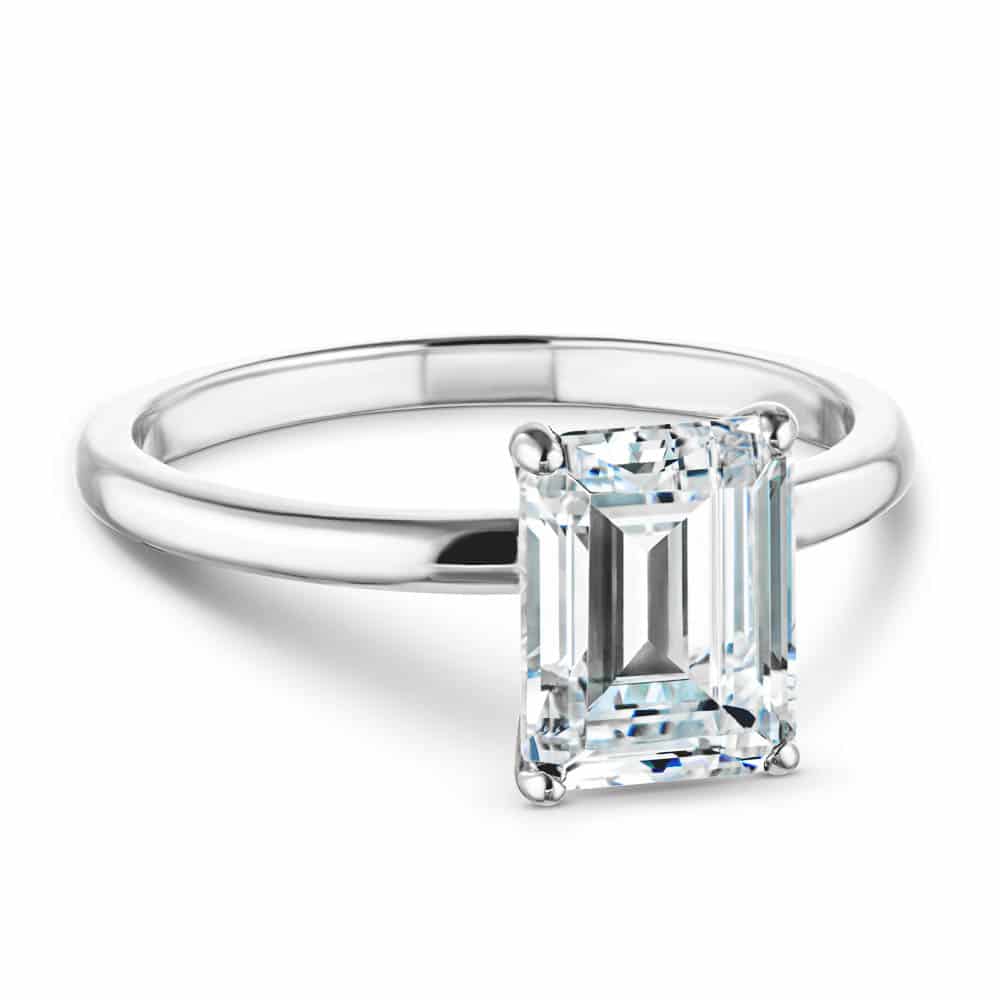 Shown with 2ct Emerald Cut Lab Grown Diamond in Platinum|Classic traditional solitaire engagement ring with 2ct emerald cut lab grown diamond in platinum setting