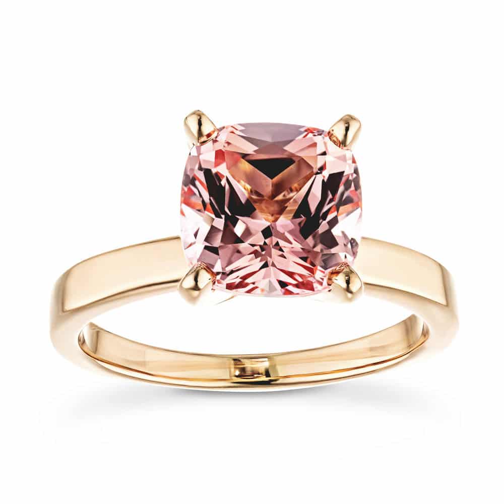 Shown with a 1.0ct Cushion cut Pink Sapphire Lab Created Gemstone in recycled 14K yellow gold 