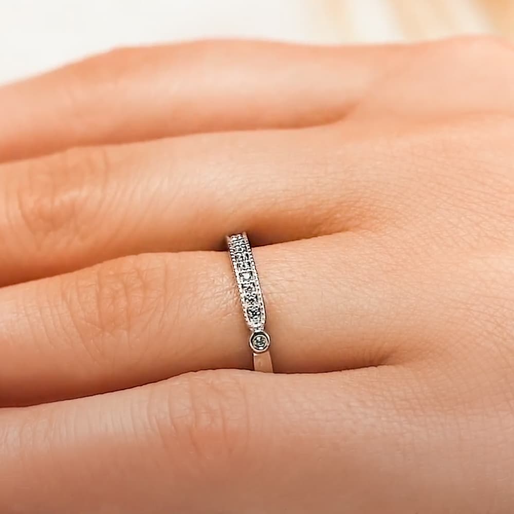 Tulle diamond accented wedding band with filigree detailing in recycled 14K white gold 