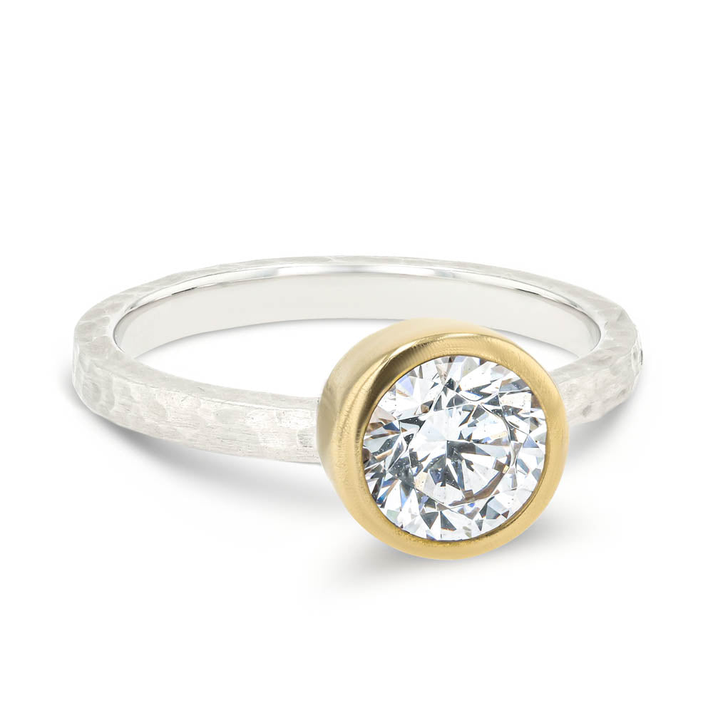 Shown in Two Toned 14K White Gold and 14K Yellow Gold with a Satin Hammer Finish