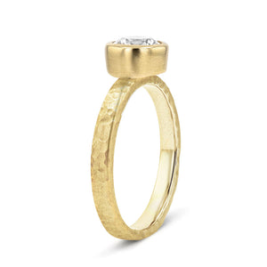 bezel set solitaire engagement ring with satin hammer finish in 14k yellow gold metal