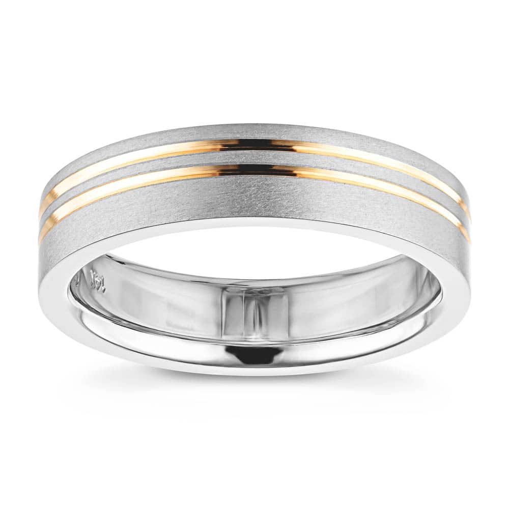 Men&#39;s wedding band in 14K white gold satin finish with two stripes of 14K yellow gold 
