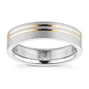 Men's wedding band in 14K white gold satin finish with two stripes of 14K yellow gold