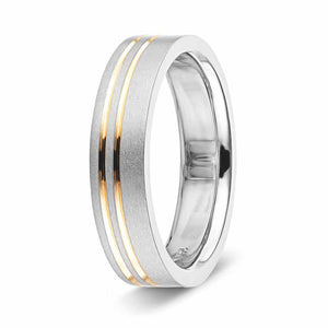 Men's wedding band in 14K white gold satin finish with two stripes of 14K yellow gold