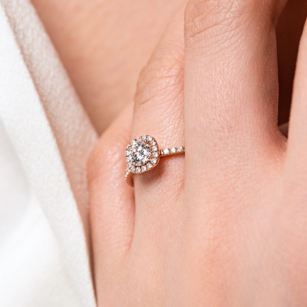 Shown with a 1.20ct Round cut Lab-Grown Diamond  in recycled 14K rose gold 