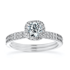 halo engagement ring Shown with a 1.0ct Round cut Lab-Grown Diamond with a diamond accented halo and accented band in recycled 14K white gold with matching wedding band