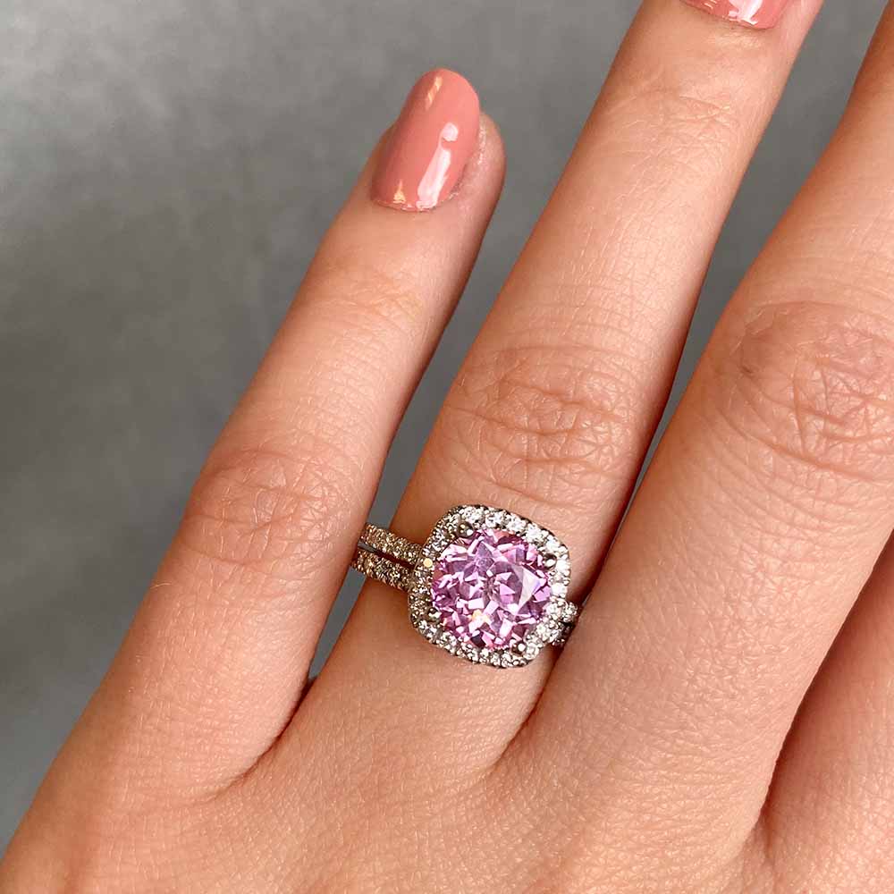 Shown with a 2.75ct Round cut Pink Sapphire Lab Created Gemstone with matching accented band in recycled 14K white gold 
