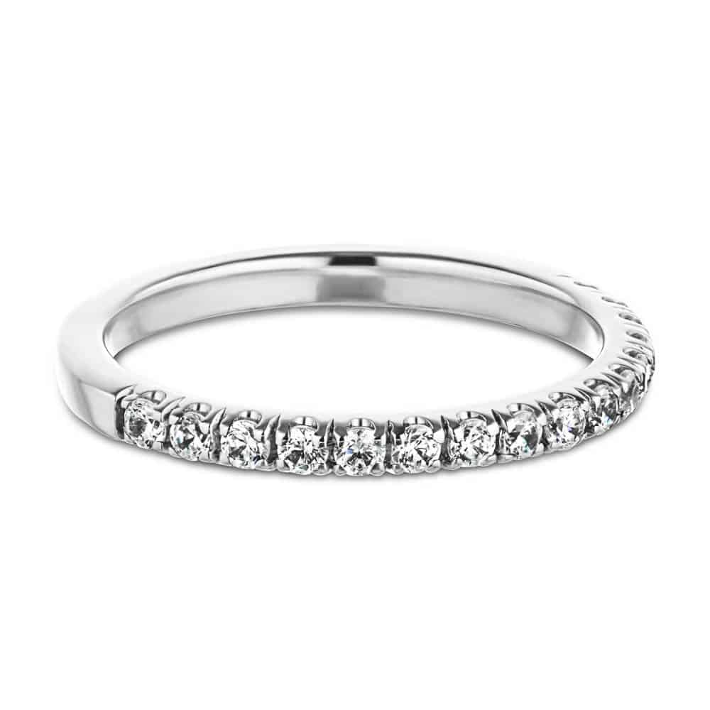 Diamond accented wedding band in recycled 14K white gold made to fit the Venise Engagement Ring 