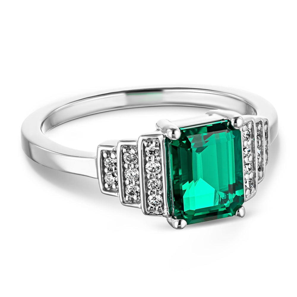 Vivienne Antique Engagement Ring shown with a 1.0ct emerald Lab Grown Gemstone in recycled 14K white gold 