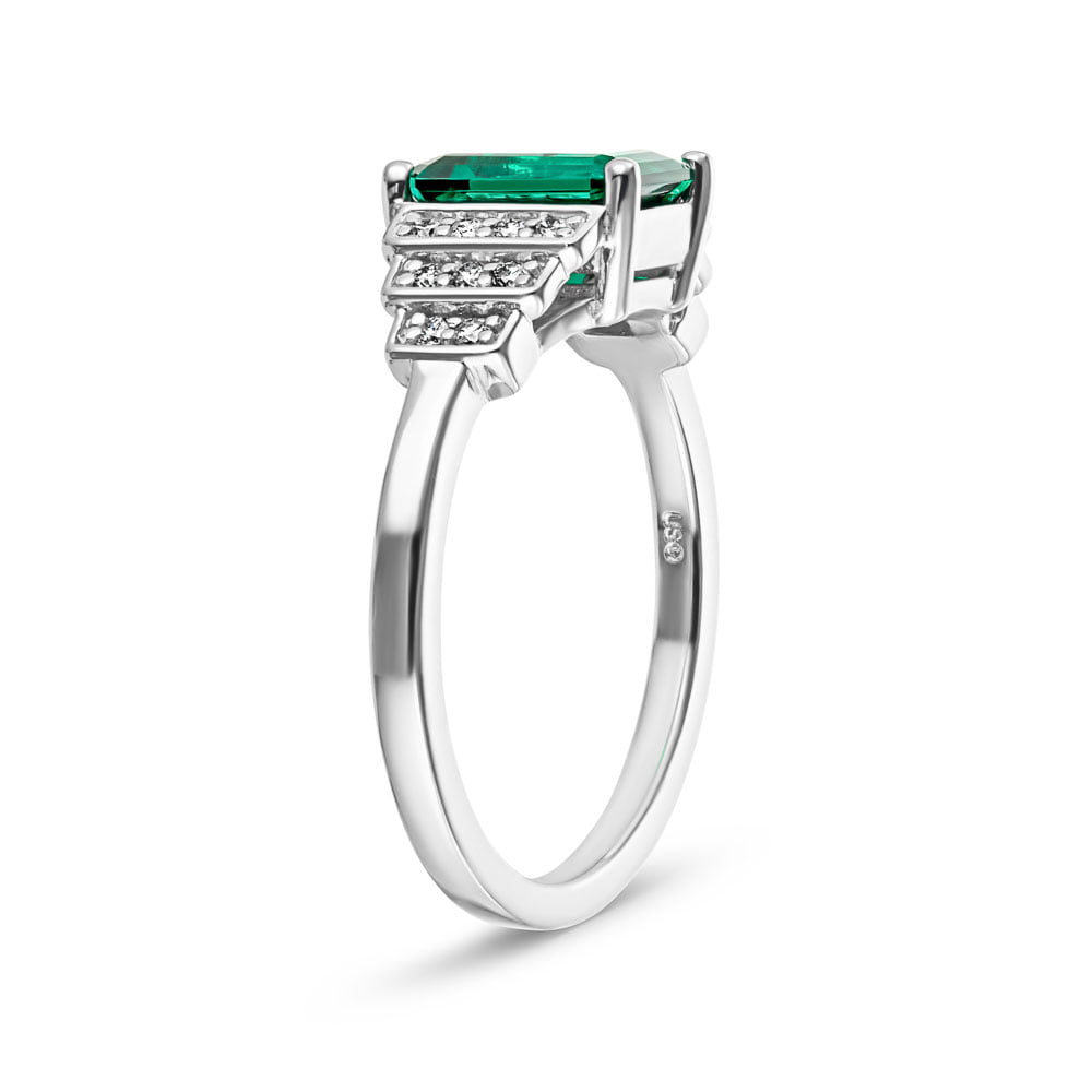 Vivienne Antique Engagement Ring shown with a 1.0ct emerald Lab Grown Gemstone in recycled 14K white gold | Vivienne Antique Engagement Ring emerald Lab Grown Gemstone recycled 14K white gold