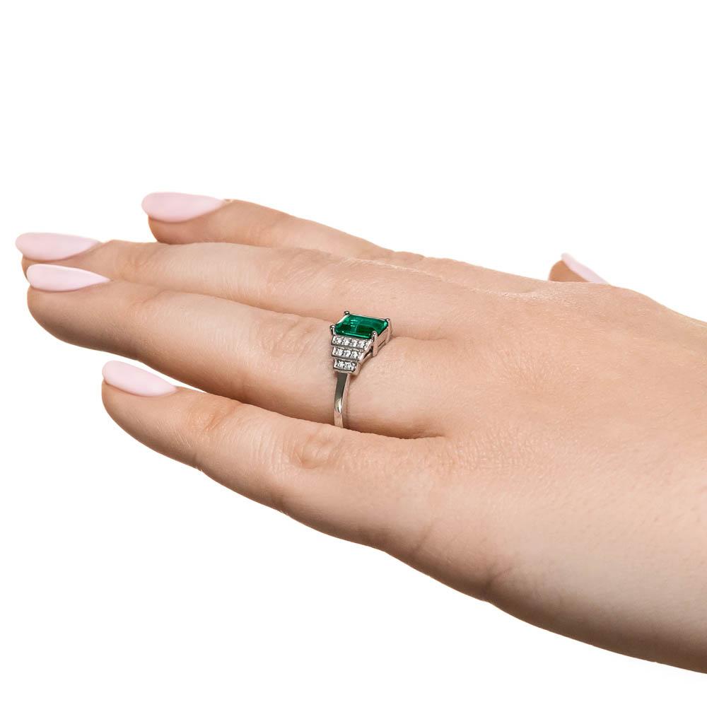 Vivienne Antique Engagement Ring shown with a 1.0ct emerald Lab Grown Gemstone in recycled 14K white gold 