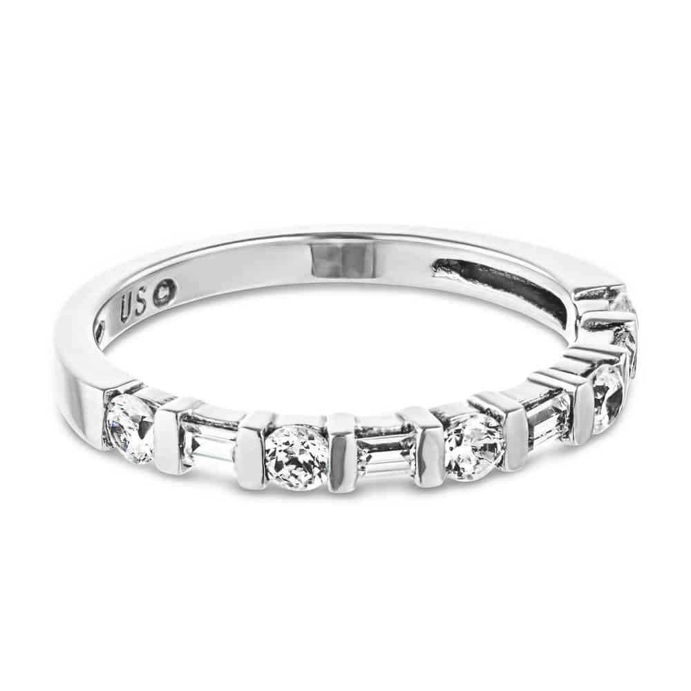 Whimsy Diamond Wedding Band with accenting round and baguette recycled diamonds in recycled 14K white gold 